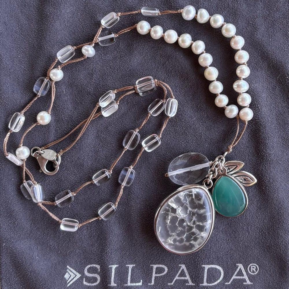 Silpada N2108 925 Sterling Silver Pearl Quartzite Crystal Cord Leaf Necklace